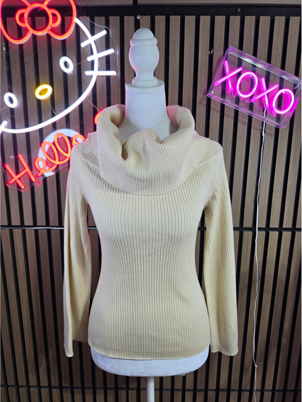 PrettyLittleThing Rib-Knit Cowl Neck Pullover Sweater Beige S
